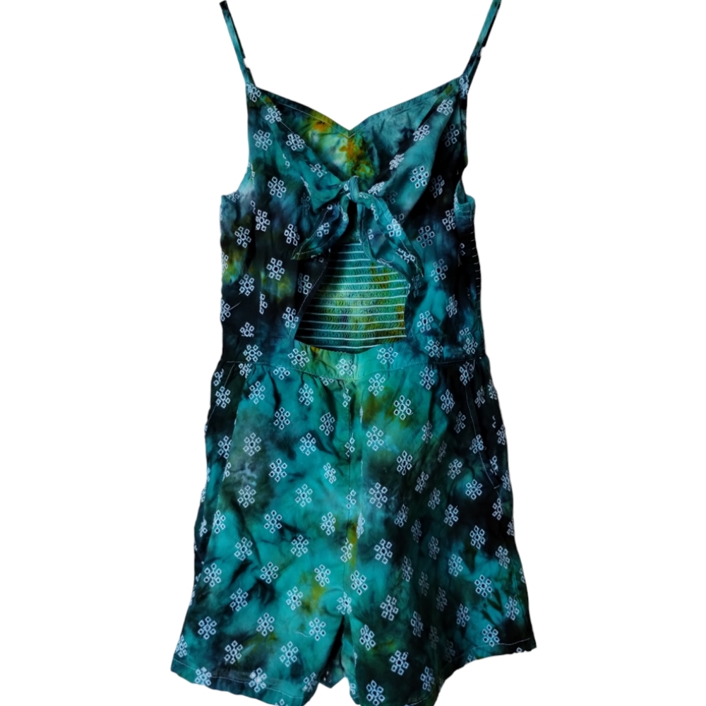 Gorgeous Greens Spaghetti Strap Romper Extra Small Tie Dye Scrunch Style